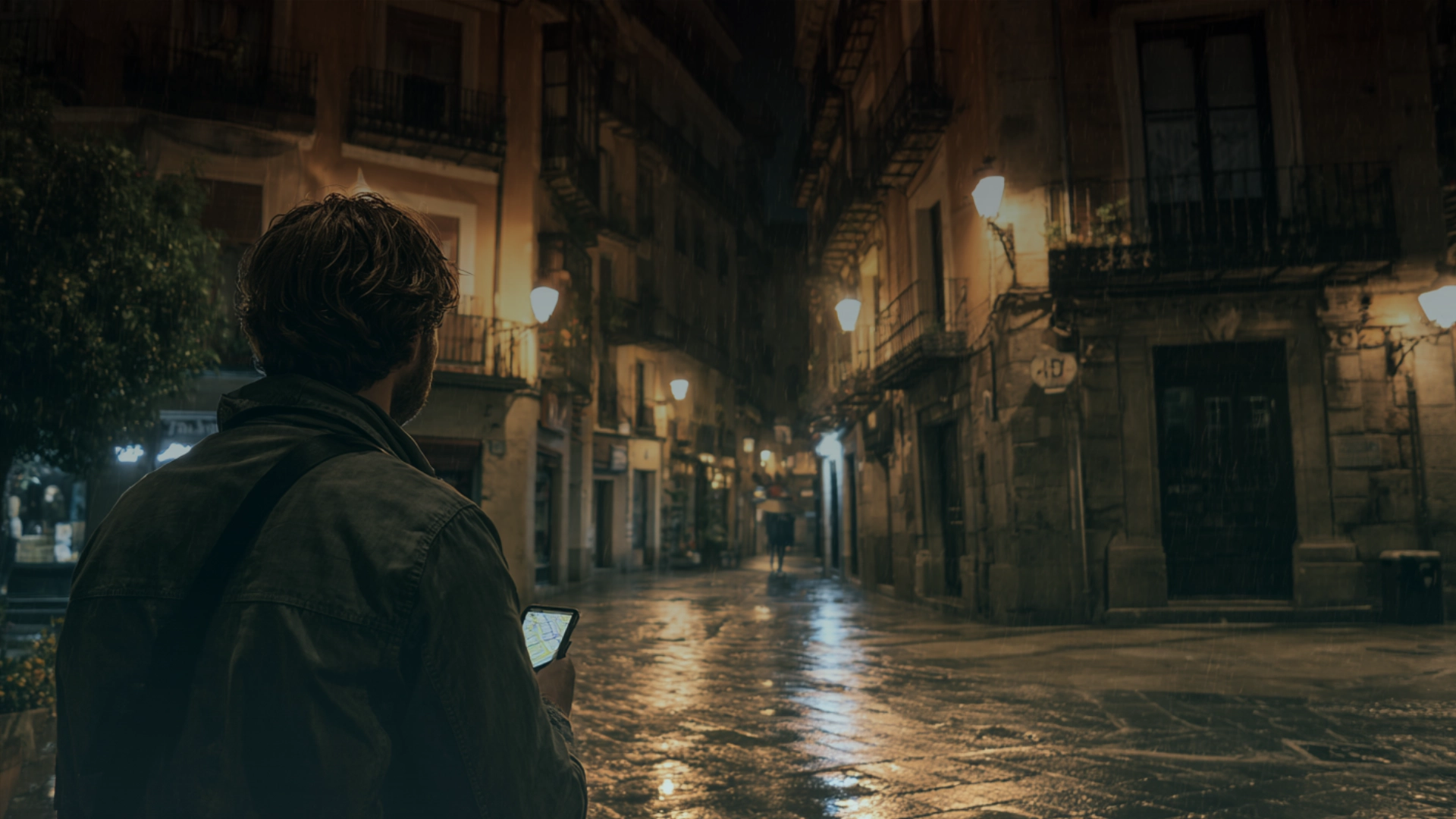 Hombre caminando solo bajo la lluvia en una calle empedrada de un pueblo español