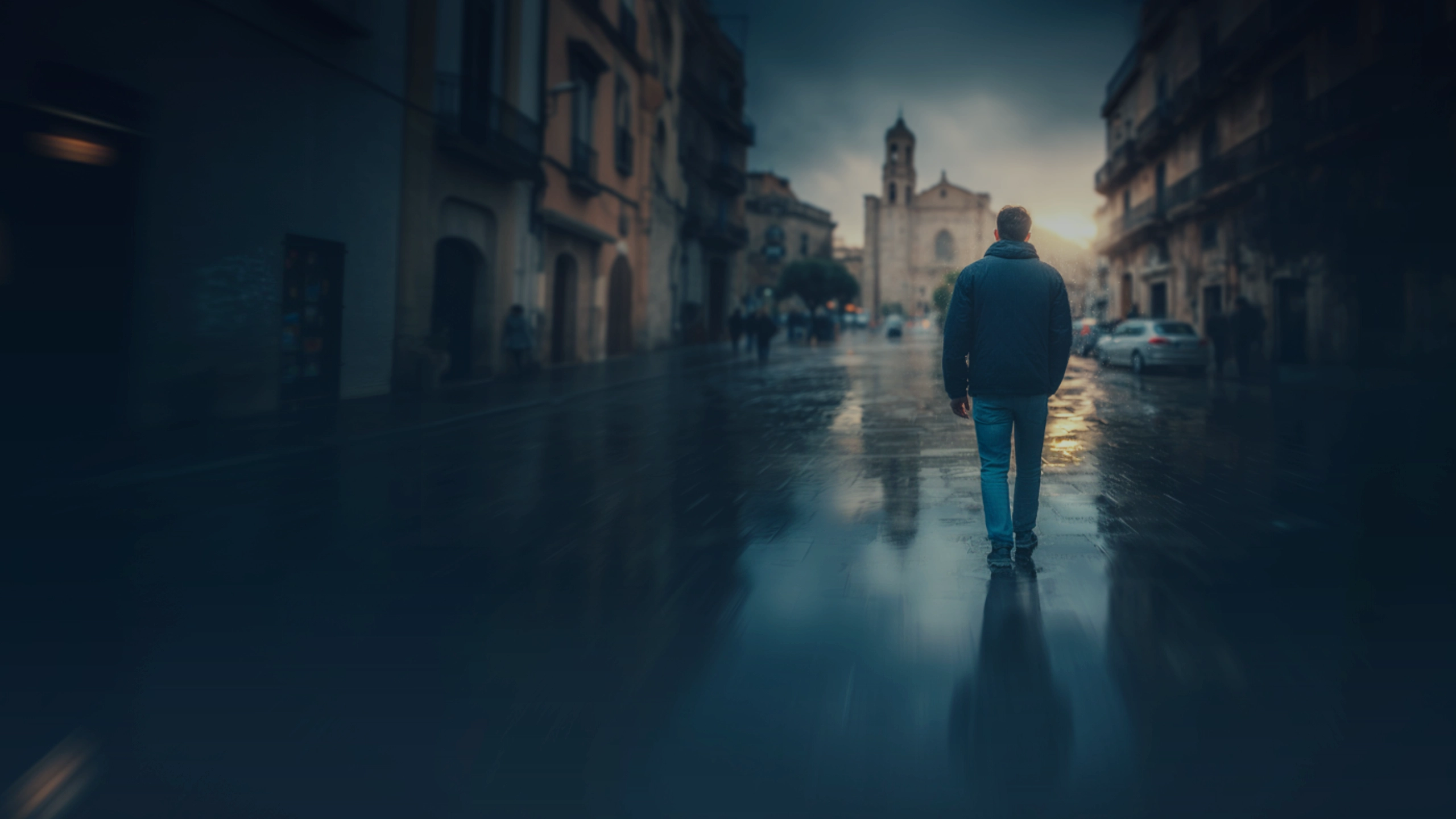 Hombre caminando solo bajo la lluvia en una calle empedrada de un pueblo español